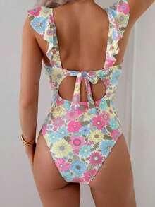 Swim Vcay Traje de baño de una pieza con volantes y lazo con estampado floral diminuto para mujer, traje de baño de una pieza para verano y vacaciones en la playa - Multicolor - Ver 2