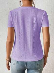 Camiseta blanca de cuello redondo con bordado de ojales, minimalista para ir a la oficina, estilo antiguo y sencillo - Morado - Ver 2
