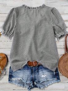 Blusa casual con cuello en V, volantes y mangas de pétalos acanalados para tallas grandes - Blanco y Negro - Ver 2