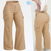 Wide Leg Plus Size Winter High Waist New Release Cold Autumn Elegant Palazzo Pants With Side Pockets Cargo Butt Lifting Premium Tailoring Sizes 46 To 56 - 米色 - View 1