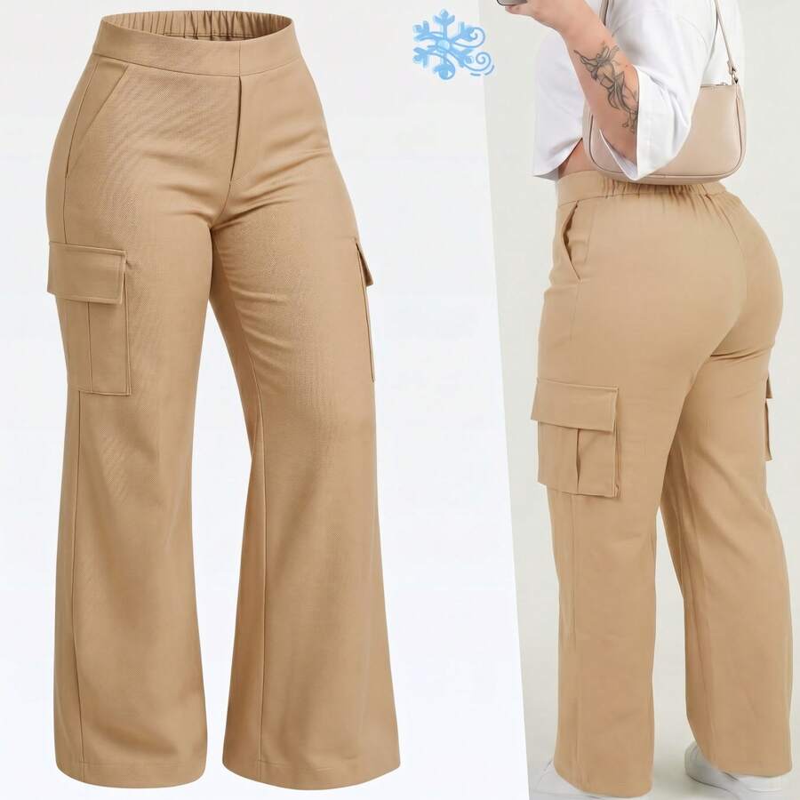 Wide Leg Plus Size Winter High Waist New Release Cold Autumn Elegant Palazzo Pants With Side Pockets Cargo Butt Lifting Premium Tailoring Sizes 46 To 56 - 米色 - View 1