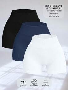 SET OF 3 SEAMLESS RIBBED SHORTS – HIGH COMPRESSION - 黑/藍/白 - 查看 1