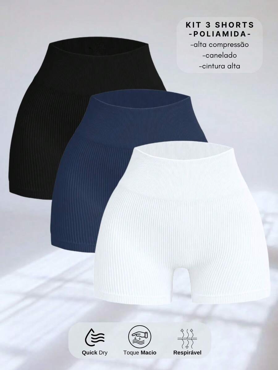 SET OF 3 SEAMLESS RIBBED SHORTS – HIGH COMPRESSION - 黑/藍/白 - 查看 1