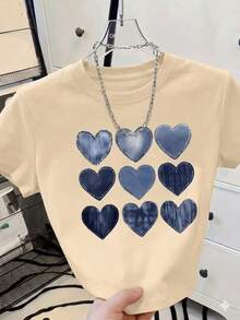 Women's Short-Sleeved T-Shirt With Heart Print, Spring Clothing, Holiday Outfit, White For Summer, Beach Look, Vacation Style, Country Style, Women's Office Outfit. - 杏 - 查看 6