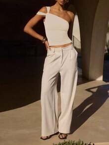 Top sin mangas para mujer, estilo europeo y americano, diseño ajustado y elegante, camiseta asimétrica única, sexy y versátil para el verano - Albaricoque - Ver 3