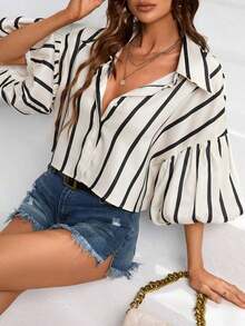 Aveloria Frievida Women's Short Sleeve Button-Down Striped Bishop Sleeve Shirt - Hitam - View 12