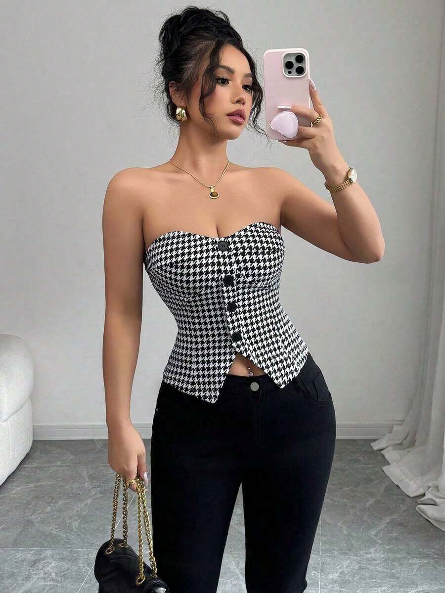 Top corto sin mangas con botones delanteros y estampado de pata de gallo, para uso en oficina o viajes, de moda para el verano - Multicolor - Ver 1