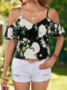 Camiseta de tirantes con cuello con volantes y estampado floral para vacaciones - Negro - Ver 4