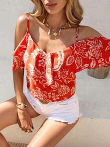 Blusa de mujer de gasa con hombros descubiertos, bajo con volantes y estampado, para primavera/verano y vacaciones - Rojo - Ver 7