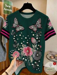 Camiseta de moda de manga corta con cuello redondo, estampado floral minimalista y casual, talla grande - Multicolor - Ver 4