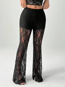 Pantalones de vacaciones de cintura alta de encaje y punto campana para mujer - Negro - Ver 5