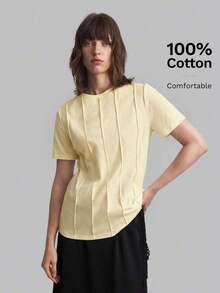 Camiseta casual de mujer de manga corta con cuello redondo, diseño de rayas de palillo de dientes de unicolor, adecuada para uso casual urbano de primavera/verano, moda minimalista, viajes de oficina, sencillez elegante, atuendo para el Día d - Amarillo - Ver 6