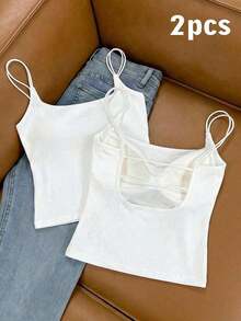 2 piezas Conjunto de camisola sin espalda ajustada para mujer, Camisola sin espalda de verano para mujer, Adecuado para el transporte diario, citas, fiestas, otoño/invierno/verano, Navidad, Año Nuevo, Acción de Gracias, fiestas, bodas, playa, ceremonias de graduación, de moda, elegante, casual, salidas, citas, reservas, transporte, brillante, Día de San Valentín, elegante, vacaciones, casual, Y2K, salidas, ceremonias de graduación y otras ocasiones. - Blanco - Ver 9