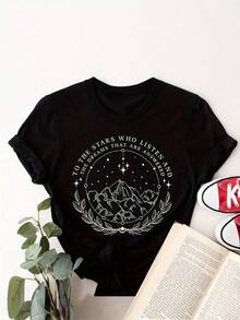 1 Piece Unisex Casual T-Shirt  Style Unique And Stylish T-Shirt With Mountain And Star Design In The Y2k Style Perfect For Those Who Dream Big And Want To Stand Out In Their Daily Outfit Ideal For Any Occasion Combines Comfort And Modern Style. - 黑色 - 查看 6