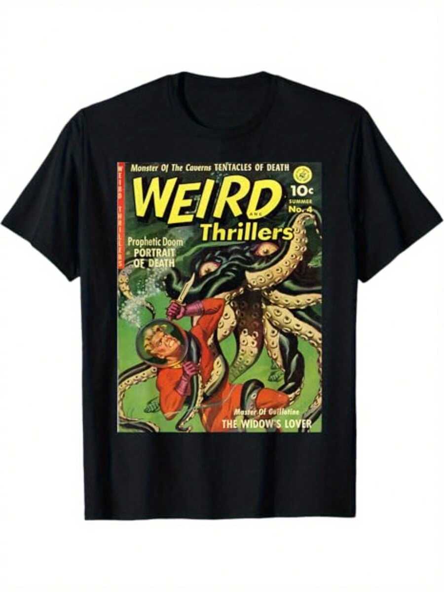 Retro Comic Book Horror Monsters T-Shirt For Men And Women - Vintage Halloween Fun, Casual Short Sleeve Graphic Print Design, 100% Cotton, Machine Washable, Casual Wear | Vintage Comic Print | Cotton Fabric - 黑色 - 查看 1