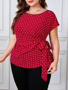 Camisa casual de manga corta con diseño plisado y teñido anudado para mujer de talla grande, adecuada para vacaciones, fiestas y salidas - Rojo - Ver 7