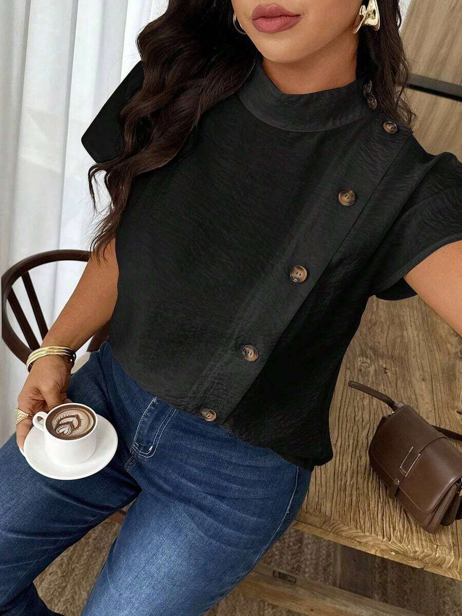 Weeklong Camisa suelta con botones y bordado de ojetes asimétrico, atuendo casual para diario/vacaciones, ropa de oficina - Negro - Ver 1