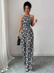 Mono de tela estampada con envolvente frontal para mujer, diseño que define la cintura para usar en ocasiones elegantes, ya sea de fiesta o diario - Blanco y Negro - Ver 6