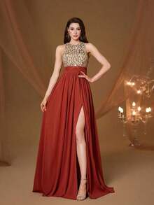 Vestido de noche de cuello redondo y halter nuevo de , vestido de gasa con abertura alta y parches de lentejuelas para fiesta - Champán - Ver 4