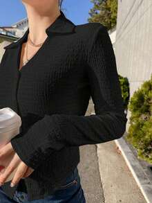 Camisa con botones delanteros sólidos, blusas de manga larga, ropa de otoño, blusas con estilo preppy - Negro - Ver 3