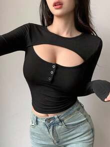 Camiseta corta de mujer de manga corta ajustada con diseño calado, para verano - Negro 2 - Ver 11