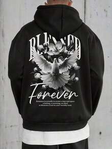 Men's Casual Fashion StreetStyle Hoodie, Graphic Print, Kangaroo Pocket, Drawstring Design, Fall Style - Black - View 4
