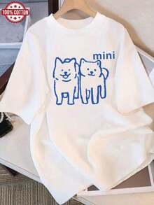 Camiseta blanca 100% de corte holgado para mujer con un lindo estampado de Shiba Inu japonés y mini letras - camiseta casual de verano de manga corta con cuello redondo suave, adecuada para fans del anime, ropa casual, lavable a máquina, corte holgado juvenil, diseño divertido de dibujos animados, cómoda para todas las estaciones, corte holgado ideal para usar en capas, ropa casual versátil, estilo moderno de corte holgado, blusas de algodón puro transpirable para mujer. - Blanco - Ver 7