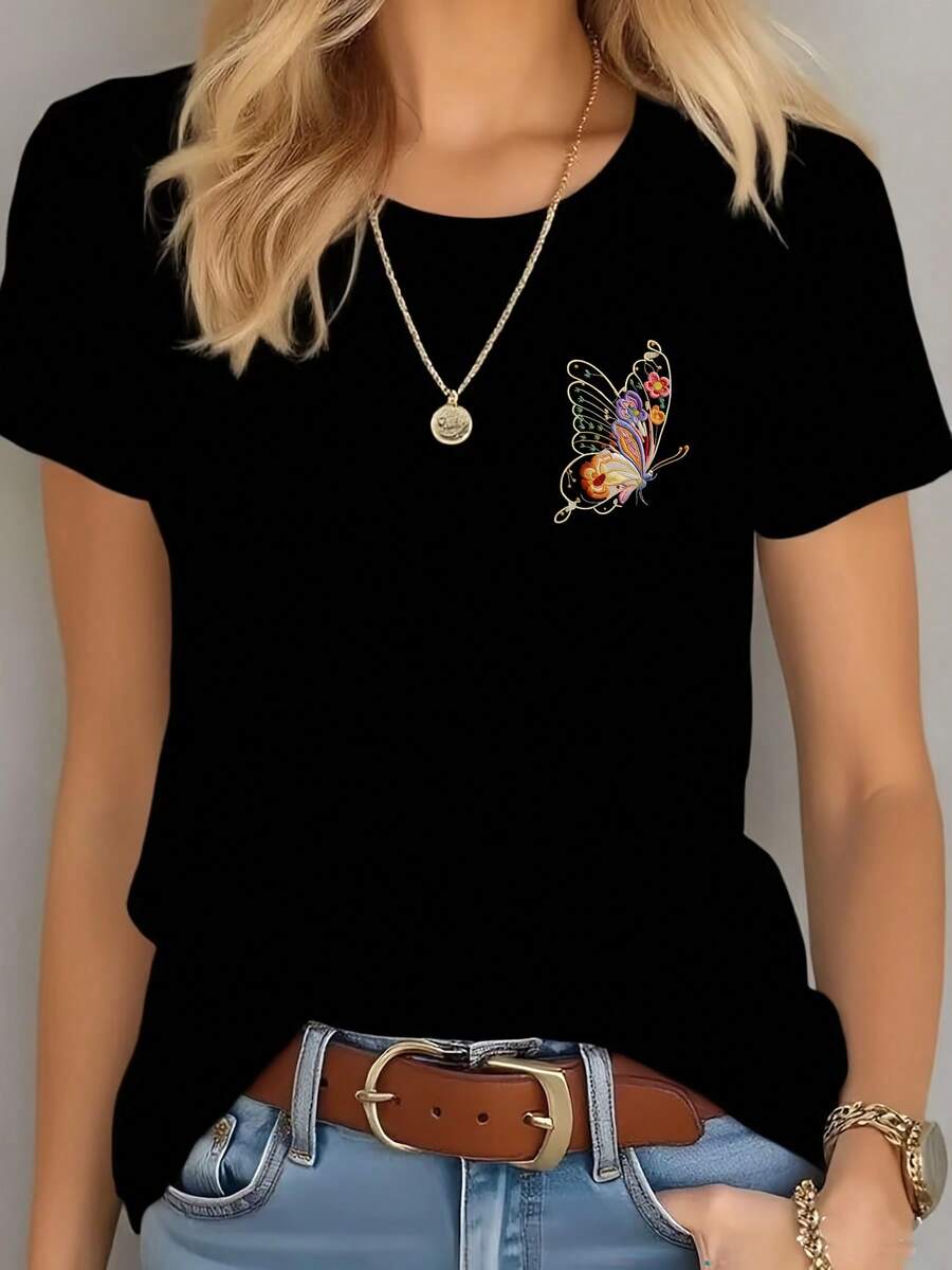 Camisetas de Manga Corta para Mujer - Blusa Casual de Verano con Estampado de Mariposa (XS-XXL) | Ropa Cómoda para Exteriores | Top de Manga Corta con Puños | Camiseta Versátil para Mujer | Lavado a Mano, No Tejido - Negro - Ver 1