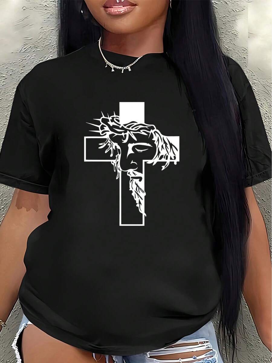 Polyester Short-Sleeved T-Shirt, Decorated With A Jesus Cross Print, Lightweight And Durable, Suitable For Everyday Wear, Whether At Church, At Home, Or For Casual Outings, With A Comfortable Fit For Adults. - màu đen - Xem 1