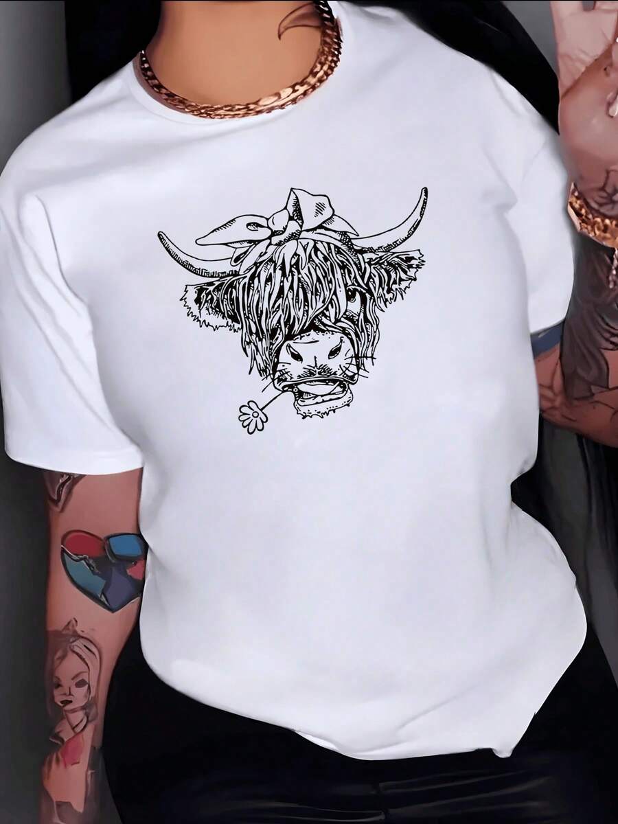 Cow Head With Bow And Flower Symbolizing Calm Strength And Natural Beauty In Modern Artistic Style, Comfortable Casual Women's T-Shirt For Everyday Wear - White - View 1
