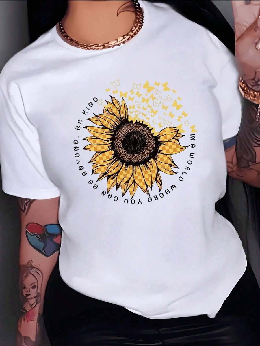 Bright Sunflower Surrounded By Small Yellow Butterflies Symbolizing Kindness And Positive Energy, Reflecting Hope And Joy. Modern Casual Women's T-Shirt For Summer, Comfortable And Attractive. - 白色 - 查看 1