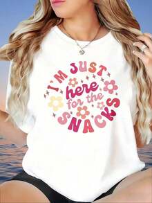 Women's "I'm Only Here For The Snacks" Graphic T-Shirt, Casual Summer Top, Funny Slogan T-Shirt, Cute Floral Design, Oversized T-Shirt, Women's T-Shirt - 白色 - 查看 1