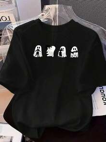 Women's Halloween T-Shirt - Soft Everyday Tee With Cute Hugging Ghosts Design - Black T-Shirt For Halloween Party Costumes - Machine Wash, Casual T-Shirt For Autumn, Spring And Summer - Everyday Wear And Costumes, Seasonal Fashion, Playful Graphic Tee, Comfortable Fit, Streetwear Style, Fun Print, Breathable Fabric, Short Sleeve T-Shirt, Streetwear Lovers. Suitable For Spring, Summer And Autumn - 黑色 - 查看 7