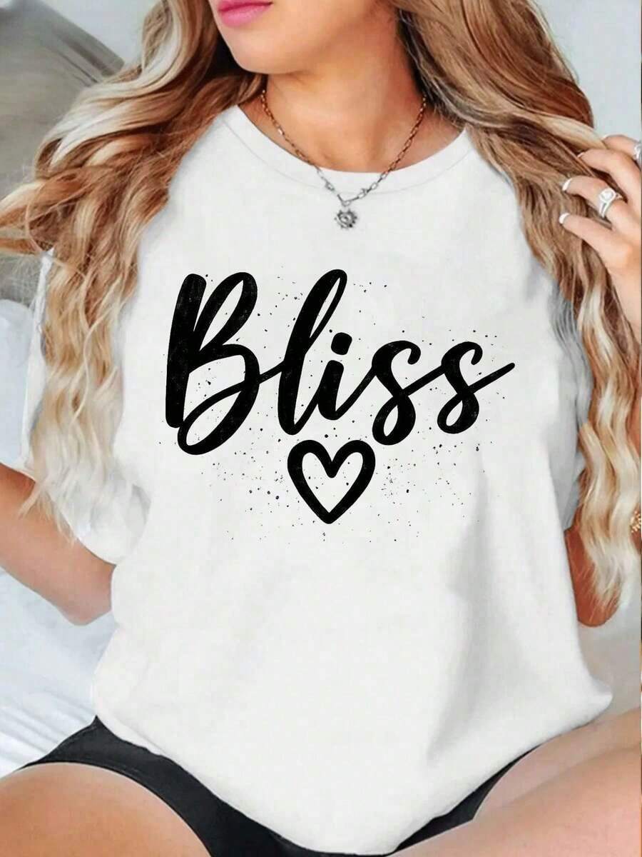 Camisetas gráficas para mujer, camiseta Bliss Heart Graphic para mujer, casual, de algodón suave, ajuste cómodo, transpirable, estilo hip-hop urbano, estampado gráfico único, camisetas de verano de algodón para mujer. - Blanco - Ver 1