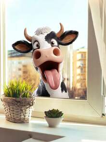 1pc Funny Cow Window Sticker, Humorous Cow Wall Poster, 3D Realistic Window Animal Decor, Suitable For Bedroom, Living Room, Study, Kitchen Decor, Static Cling Glass Sticker, Farmhouse Country Animal, Vinyl Decal For Kitchen, Living Room, Bedroom, Farmhouse Style - A - View 2