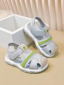 Boys' Hook And Loop Sandals, Summer New Soft Bottom Non-Slip Beach Shoes, Easy On/Off, Silver Gray Solid Color, Floral Woven Strap Decor, More Fashionable - Light Grey - View 9