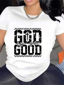Camiseta de cuello redondo "God is Good" de 180 g, regalo familiar para las fiestas, camiseta con diseño de temática cristiana, adecuada para celebraciones de Pascua, mangas cortas que fomentan el espíritu de equipo, ropa casual cómoda y elegante, cómoda y duradera para la moda diaria. Blusas para Mujer Casual. - Blanco - Ver 1