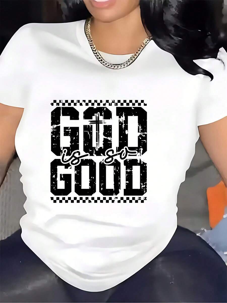 Camiseta de cuello redondo "God is Good" de 180 g, regalo familiar para las fiestas, camiseta con diseño de temática cristiana, adecuada para celebraciones de Pascua, mangas cortas que fomentan el espíritu de equipo, ropa casual cómoda y elegante, cómoda y duradera para la moda diaria. Blusas para Mujer Casual. - Blanco - Ver 1