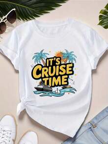 Regalo: 1 camiseta blanca para mujer con estampado de crucero, cuello redondo, camiseta casual de algodón, tejido de punto de elasticidad media, corte regular para damas, para primavera/verano/otoño, suave. - Blanco - Ver 6