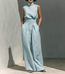 2026 New Foreign Trade European American Women Cotton Linen Sleeveless Top & Long Pants Casual Two Piece Set - 玫紅色 - 查看 7