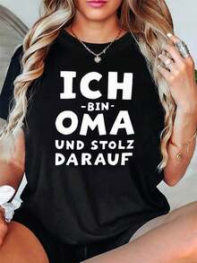 Camiseta ligera y transpirable para mujer con estampado en alemán "Soy abuela y estoy orgullosa de ello", de manga corta y cuello redondo, estilo casual, ideal para usar en capas en primavera y otoño. - Negro - Ver 6