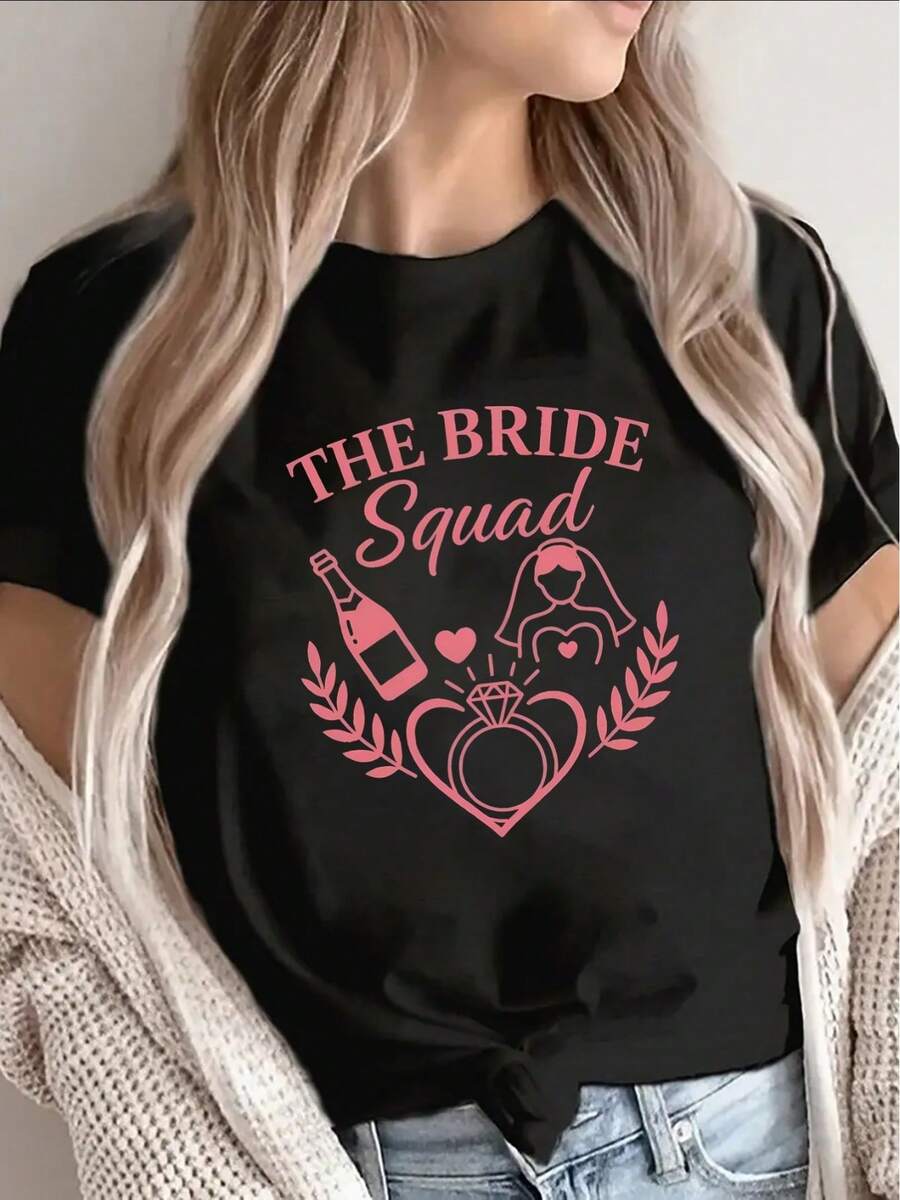1 camiseta de fibra de poliéster para novias y damas de honor en bodas y fiestas, camisa casual de manga corta para mujer con diseño de estampado rosa, ligera y cómoda, adecuada para eventos nupciales y celebraciones, 180g 100% algodón. - Negro - Ver 1