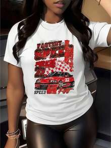 1 Piece Of Women's White T-Shirt With Racing Car Print, Unisex Casual Round Neck T-Shirt, Lightweight Knit Fabric, Machine Washable, For Spring/Summer/Autumn, Halloween/Christmas/Valentine's Day, 180g, 100% Cotton. - 白色 - 查看 1