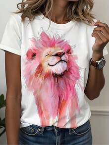 White Short Sleeve Crew Neck T-Shirt | Watercolor Style Lion Print With Dreamy Pink Mane + Artistic Brushstroke Design, Eye-Catching Breathable Casual Summer Top, Women's Winter Clothing - 白色 - 查看 7