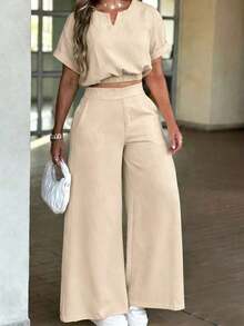 Conjunto de top corto con escote entallado y pantalones de pierna ancha de unicolor minimalista para uso casual y diario de mujer, primavera/verano/otoño, color negro - Albaricoque - Ver 4