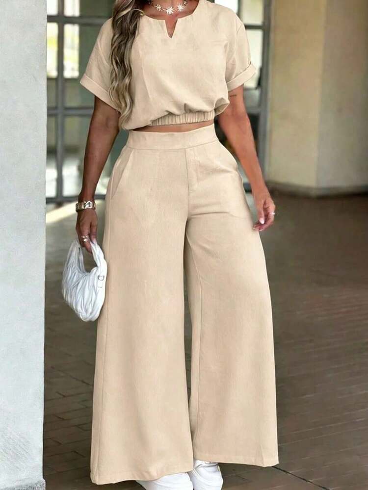 Conjunto de top corto con escote entallado y pantalones de pierna ancha de unicolor minimalista para uso casual y diario de mujer, primavera/verano/otoño, color negro - Albaricoque - Añade 4