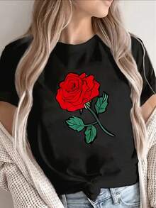 Camiseta vintage de poliéster de manga corta, decorada con un estampado de rosas rojas, ligera y duradera, adecuada para el hogar, la oficina o salidas informales, cómoda y de buen ajuste para el uso diario. - Negro - Ver 7