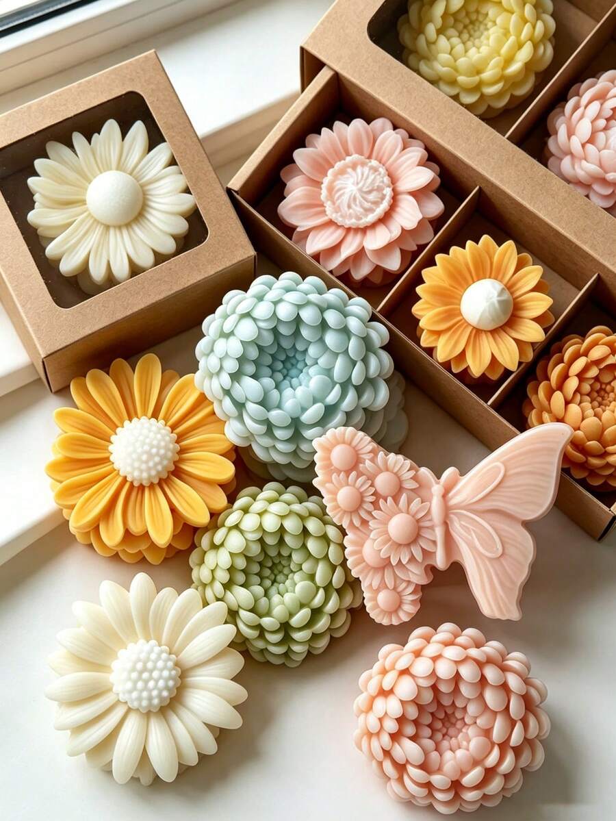 1个多款式花卉蜡烛硅胶模具,包含牡丹、山茶花、银莲花、洋甘菊3D花朵造型,易于脱模,适用于香薰蜡烛、香石、家居装饰、母亲节、婚礼等场合。 - A - 查看 1
