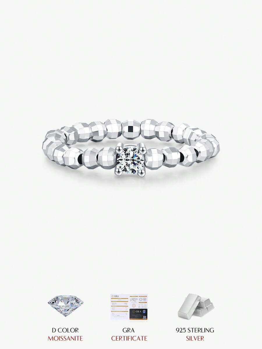MODIAN Anillos apilables con cuentas de plata de ley 925 con accesorios de joyería fina de moda con moissanita de color D para mujeres - Plateado - Ver 1