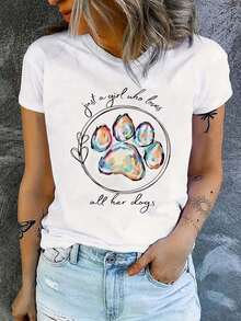 1 Women's T-Shirt With The Print "She Loves All Her Dogs" | Breathable Summer T-Shirt With Short Sleeves And Round Neck With Dog Paw Print, Stretchy, Machine Washable, Casual T-Shirt For Dog Lovers, Fun Design, 180g 100% Cotton. - 白色 - 查看 1